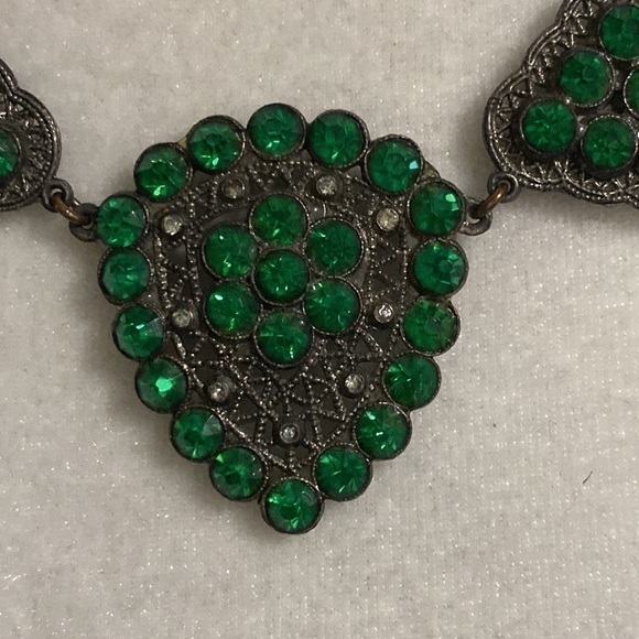 Emerald Green Pave Triangle Statement Necklace Filigree Luxe Geometric Glamour - Picture 8 of 16